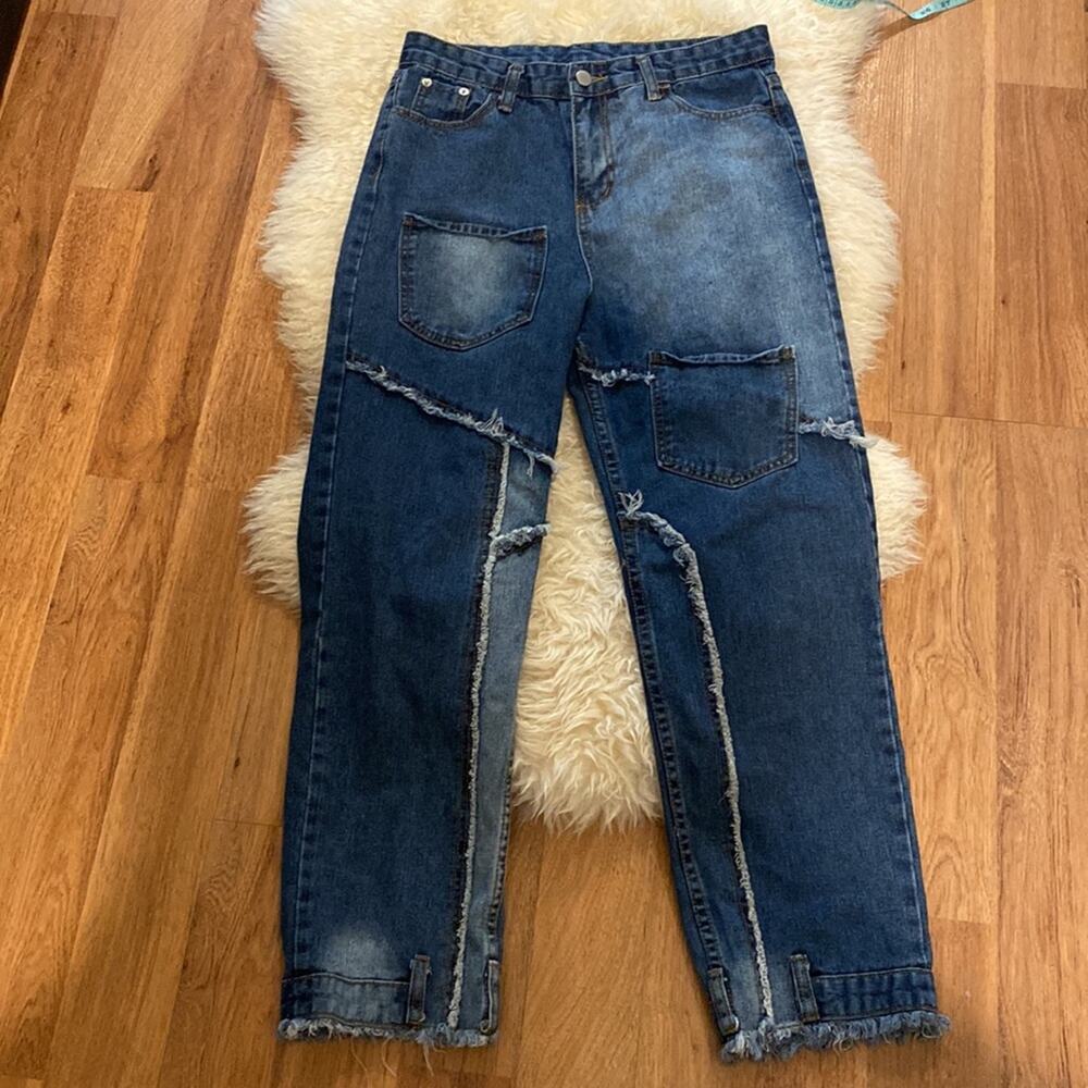 Funky Reworked Spliced Raw Hem Straight Leg High Rise Women’s Denim Jeans - Picture 6 of 12